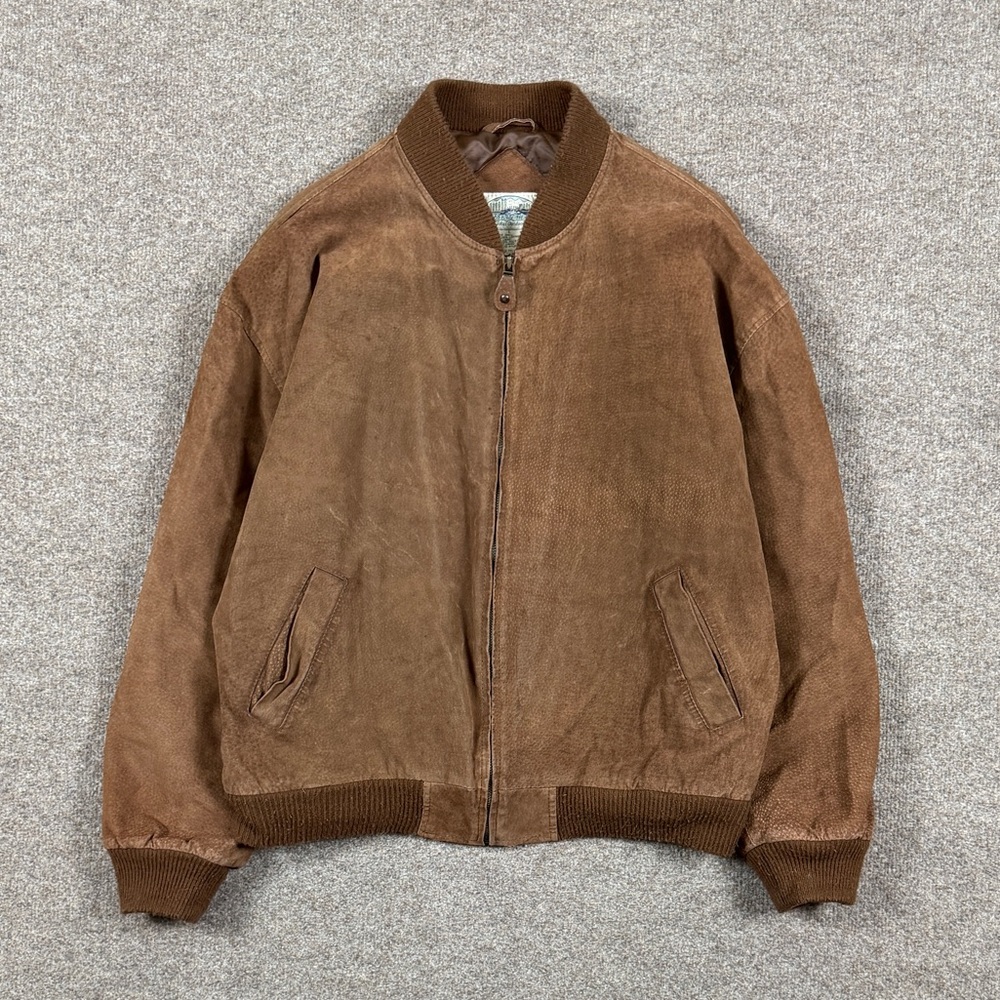 Vintage Britches Tan Brown Suede Leather Flight Bomber Jacket Men’s L Knit Trim